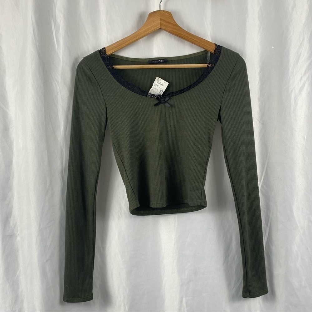 Papermoon Women’s Olive Green Long Sleeve Cropped Top Size Small